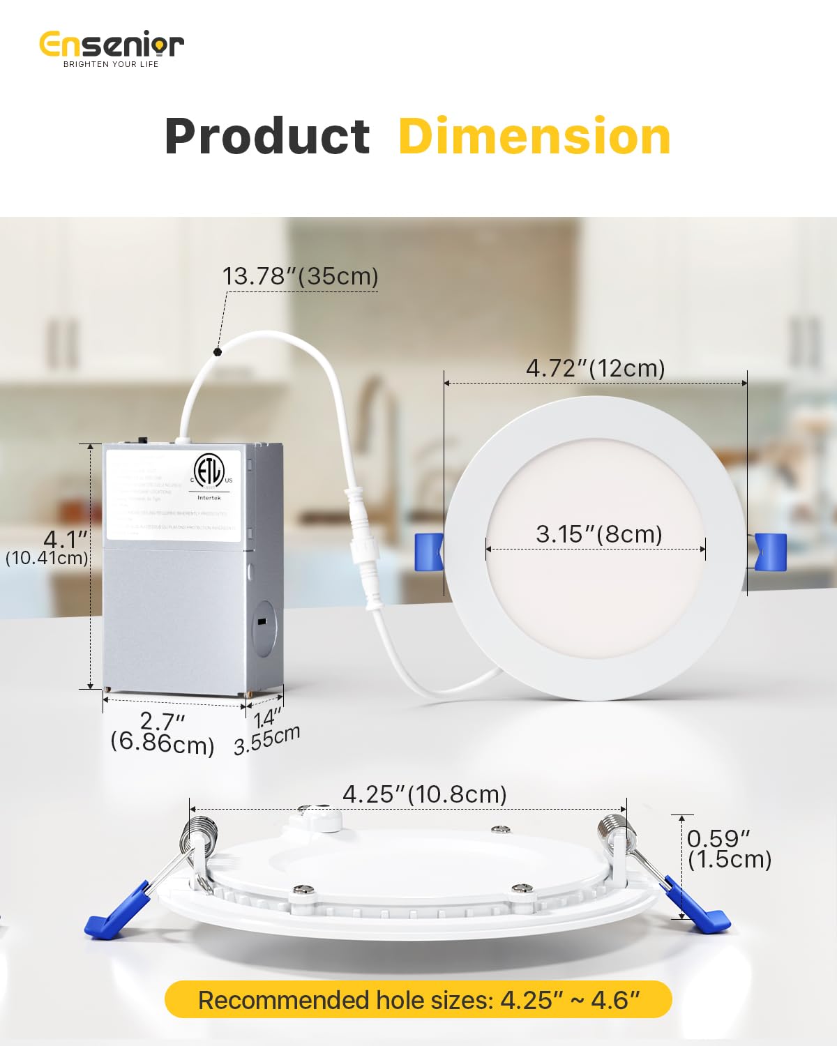 Ensenior 24 Pack 4 Inch LED Recessed Ceiling Light, Dimmable, 3000K-5000K 3CCT, 750LM 9W 120V, High Brightness Canless Wafer Downlight - ETL&FCC&IC