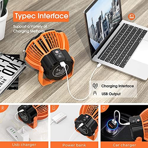 Camping Fan with LED Lantern, Rechargeable Battery Powered Fan, Portable Tent Fan with Remote Control, 25H Working Time, Battery Operated Fan, 180°Head Rotation, Outdoor travel Fan, Ceiling Fan
