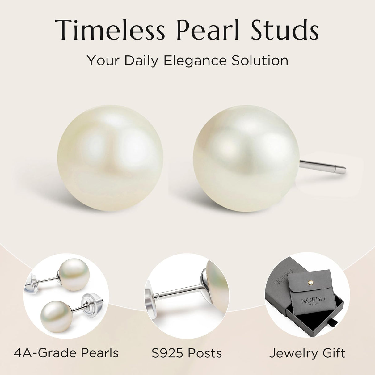 NORBU S925, AAAA+ Round Freshwater Stud Pearl Earrings for Women, Timeless Elegant Gifts for Mom Wife, Mothers Day/Wedding Anniversary/Christams