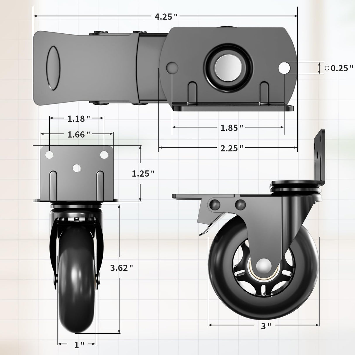 Side Mount Plate Caster Wheels - Thickened L-Shaped Mounting ，Heavy Duty 1200 LBS，Set of 4 with Brake，360° Swivel，Locking，Castor Wheels for Furniture，Carts，Cabinet，Table(Black, 3 inchs)