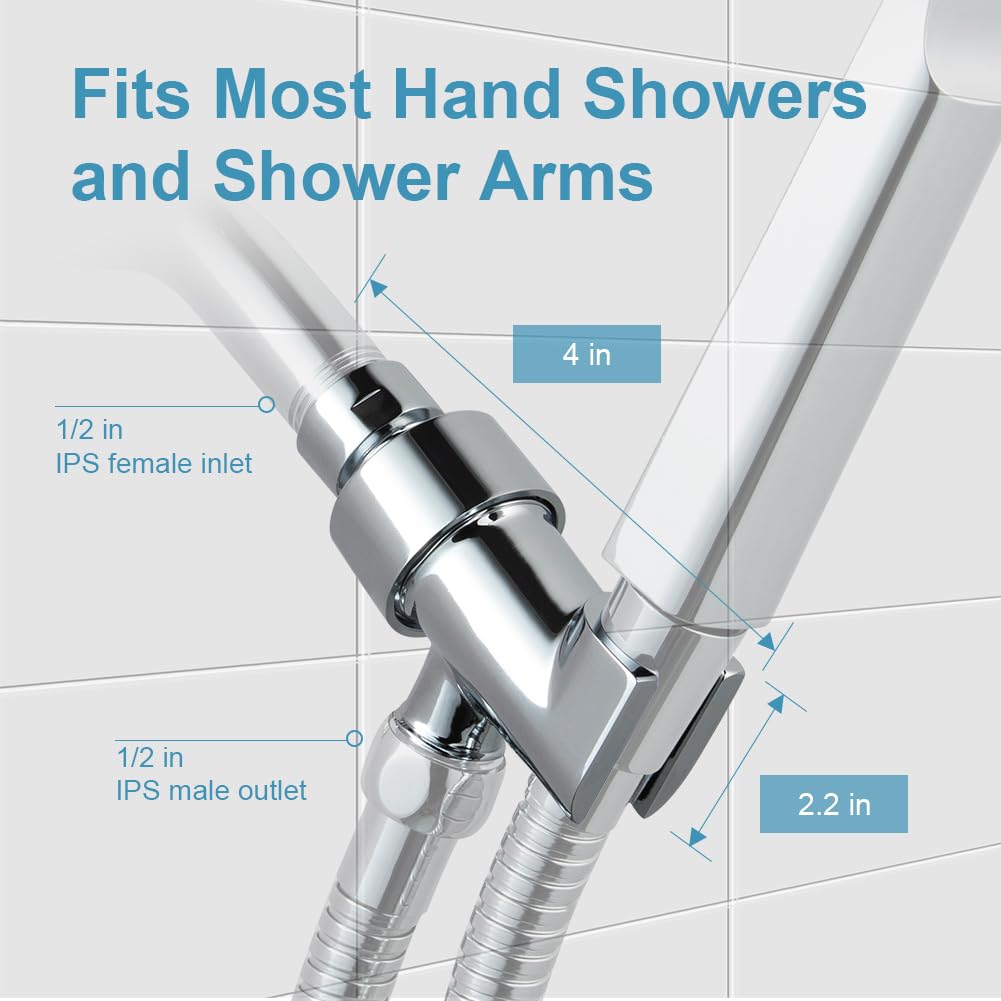 OFFO Shower Head Holder All Metal for Handheld Shower Head, Adjustable Shower Arm Mount with Solid Brass Pivot Ball, 1/2 in IPS Female Inlet and Male Outlet, Chrome