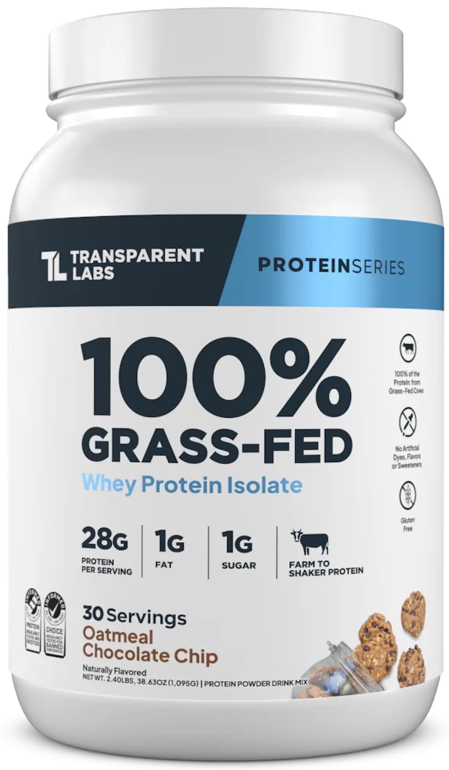 Transparent Labs Grass-Fed Whey Protein Isolate - Naturally Flavored, Gluten Free Whey Protein Powder with 28g of Protein per Serving & 9 Amino Acids - 30 Servings, Oatmeal Chocolate Chip Cookie