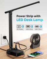 LED Desk Lamp with Power Strip, 3 AC Outlets & 4 USB Ports (2 USB-C), Stepless Dimming & 2800K-6500K Eye-Caring Desk Light, Foldable Table Lamp with 5FT Cord for Home Office, Dorm Room Essentials