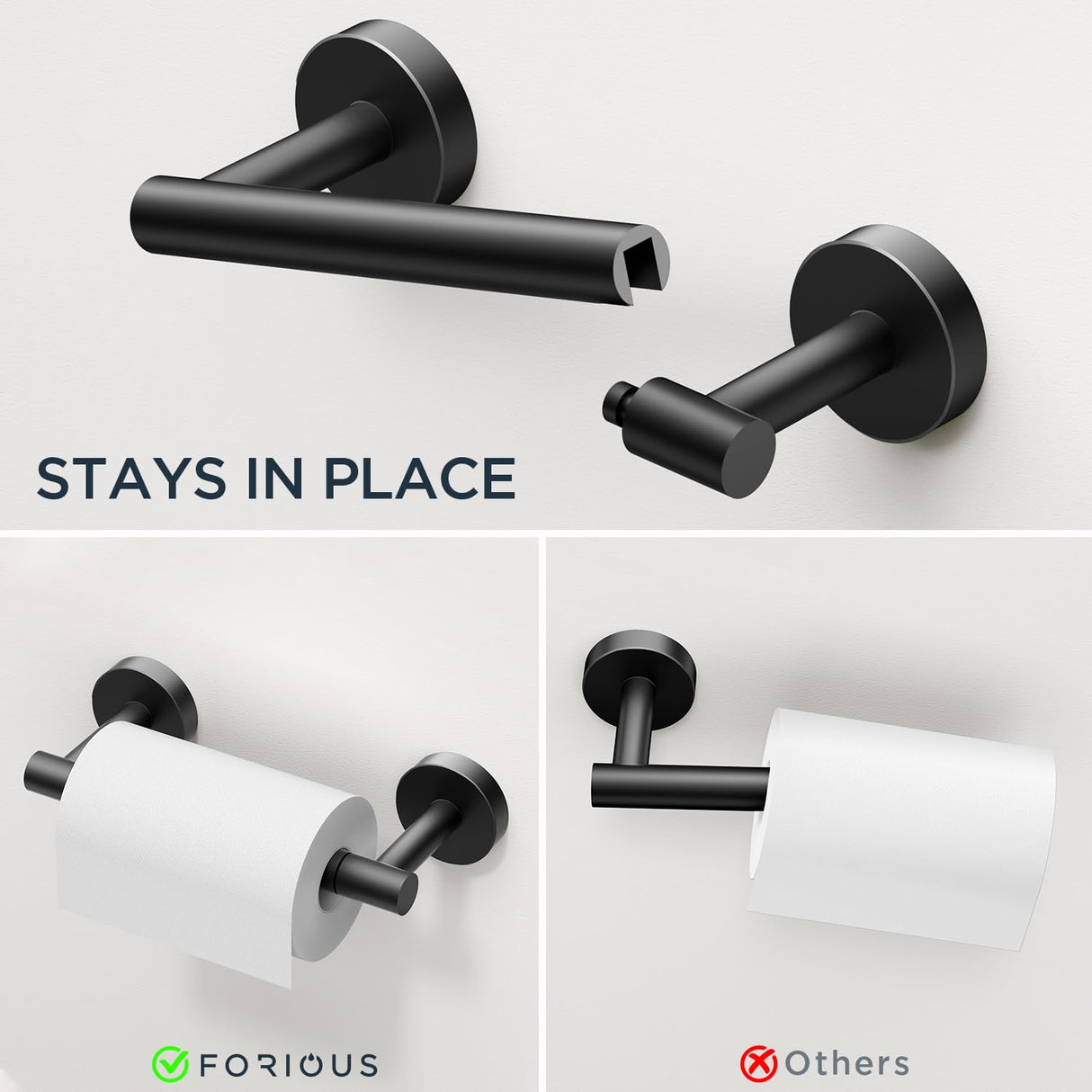 FORIOUS Toilet Paper Holder Wall Mount, SUS304 Stainless Steel Double Post Pivoting Tissue Roll Holder and Hand Towel Ring Set for Bathroom, RV, Bathroom Hardware Accessories Set, Matte Black