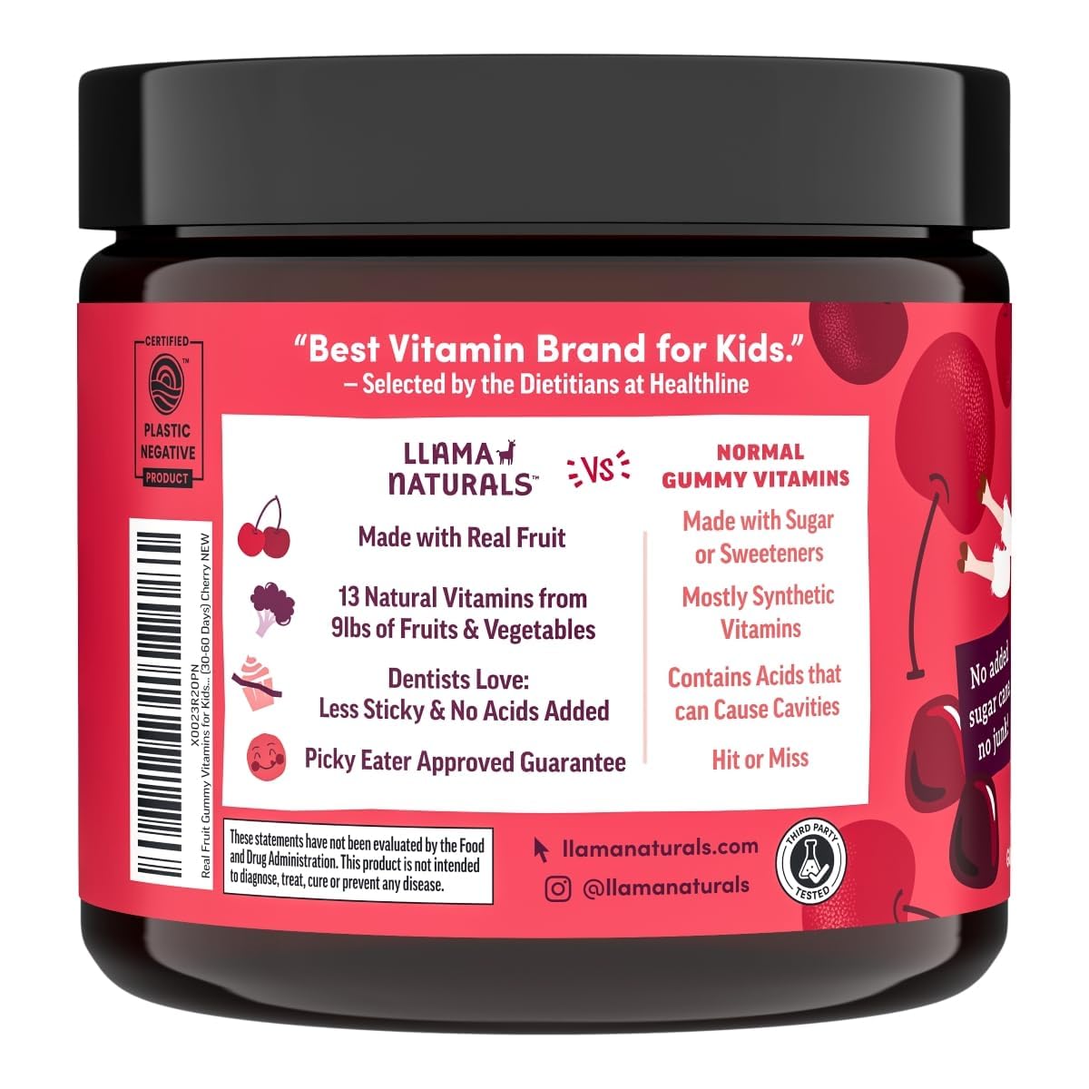 Llama Naturals Kids Multivitamin Gummies, Vegan, Organic with Vitamin D, C & K, Toddler Real Fruit Gummy Vitamins, Chewable Supplement, Whole Food Multivitamin, No Added Sugar Cane, Cherry, 90 Ct