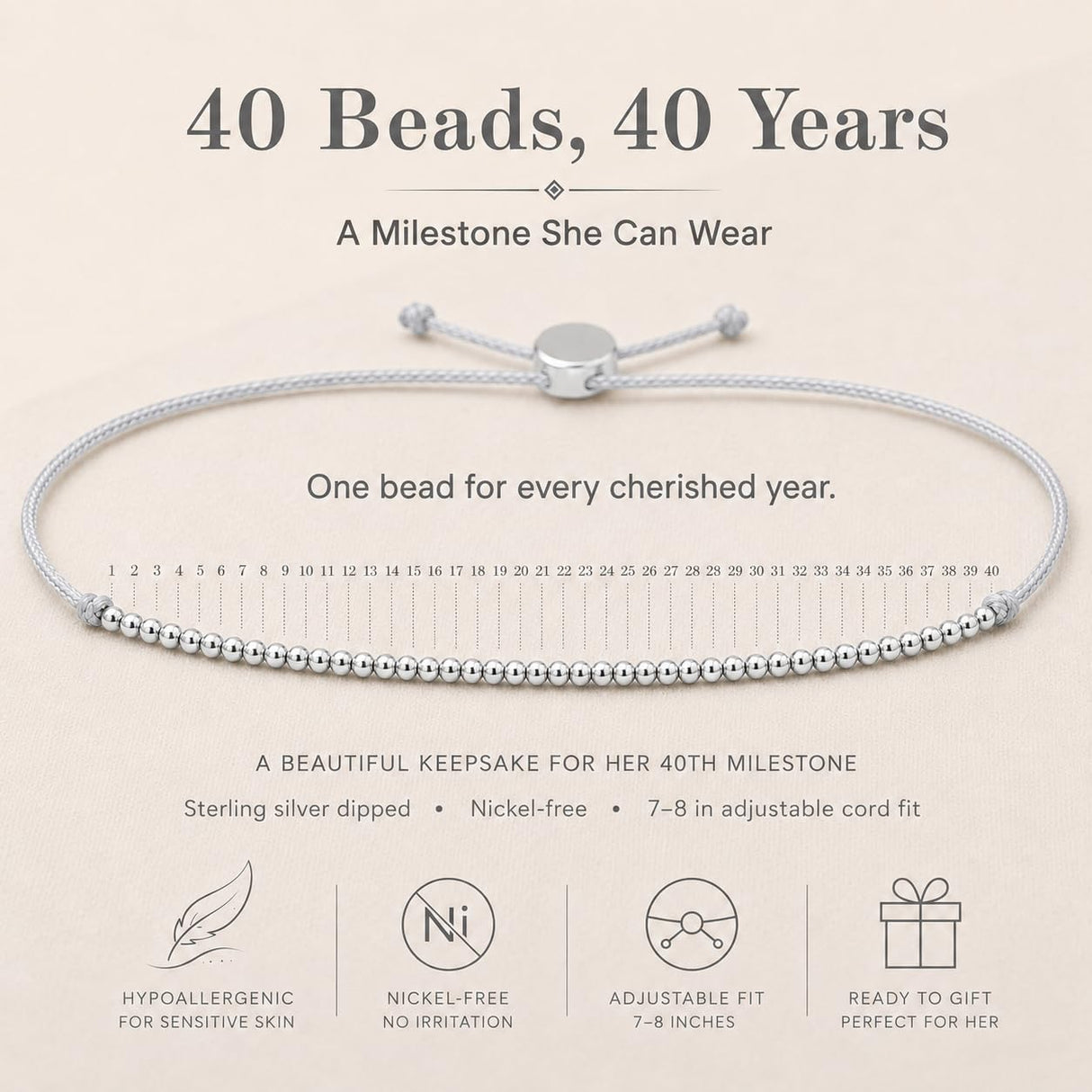 Lucky Feather 40th Birthday Gifts Women | Cute 14k Gold Dipped Beads Bracelet | Fabulous Forty Milestone Bracelet | 40th Birthday Bracelets For Women | Adjustable 7"- 8" Cord | 40 and fabulous Silver