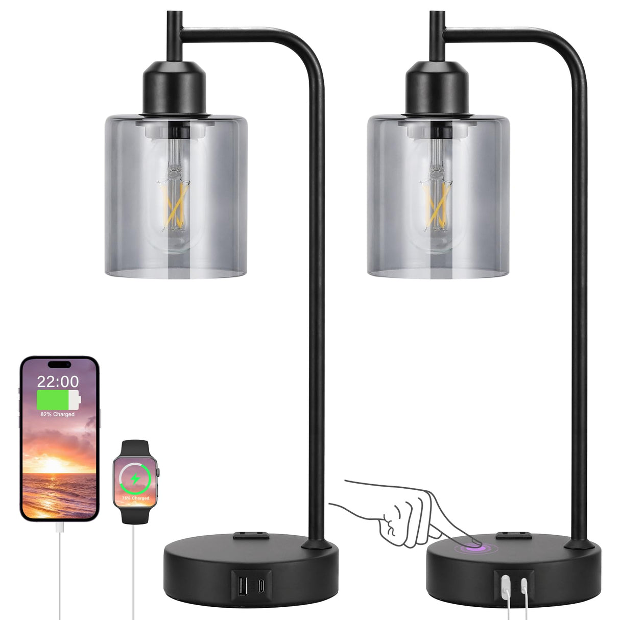 Innqoo Industrial Touch Table Lamps for Bedrooms Set of 2-3-Way Dimmable Lamps with USB C+A Ports and Outlet, Copper Bedside Lamps with Clear Glass Shade for Living Room, Desk Lamps for Home Office