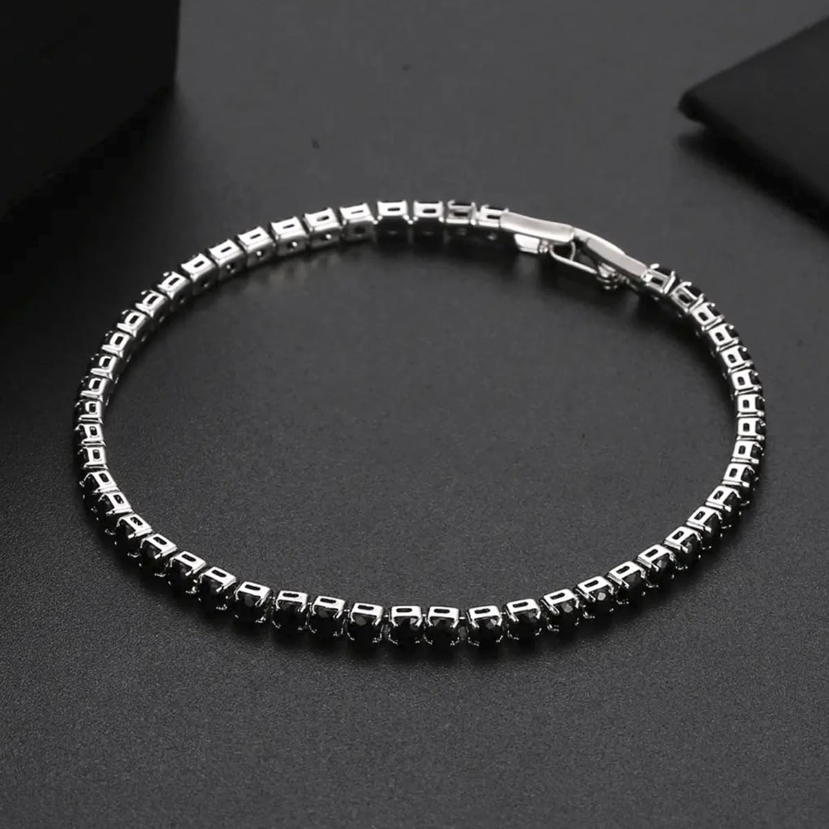 14K White Gold Plated 5mm Cubic Zirconia Tennis Bracelet for Women and Men, Classic Silver Diamond Tennis Bangle Bracelets, Adjustable Detachable 7.6IN Length, Suitable for Everyone (Pure Black)