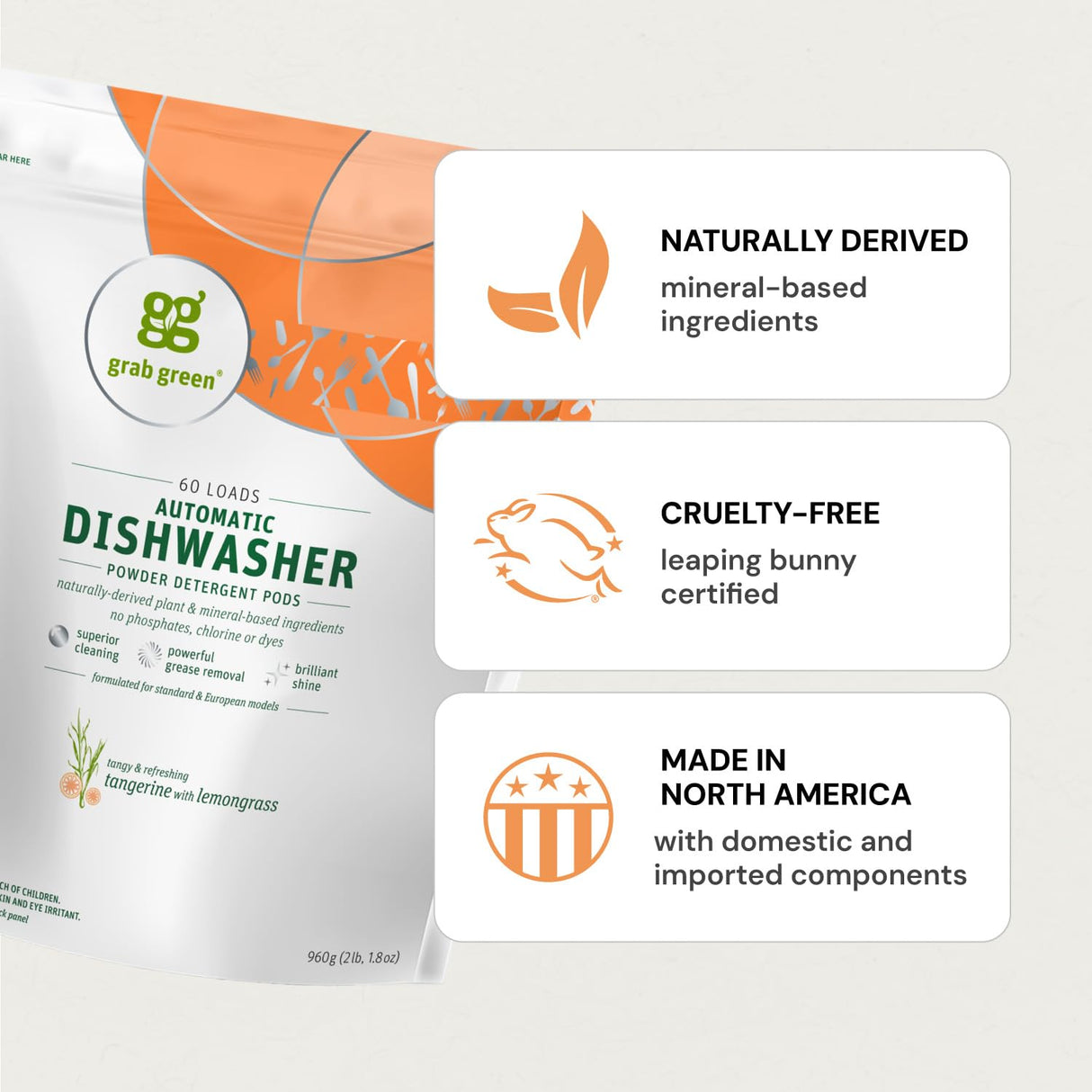 Grab Green Dishwasher Pods, 60 Count, Unscented, Plant & Mineral Based