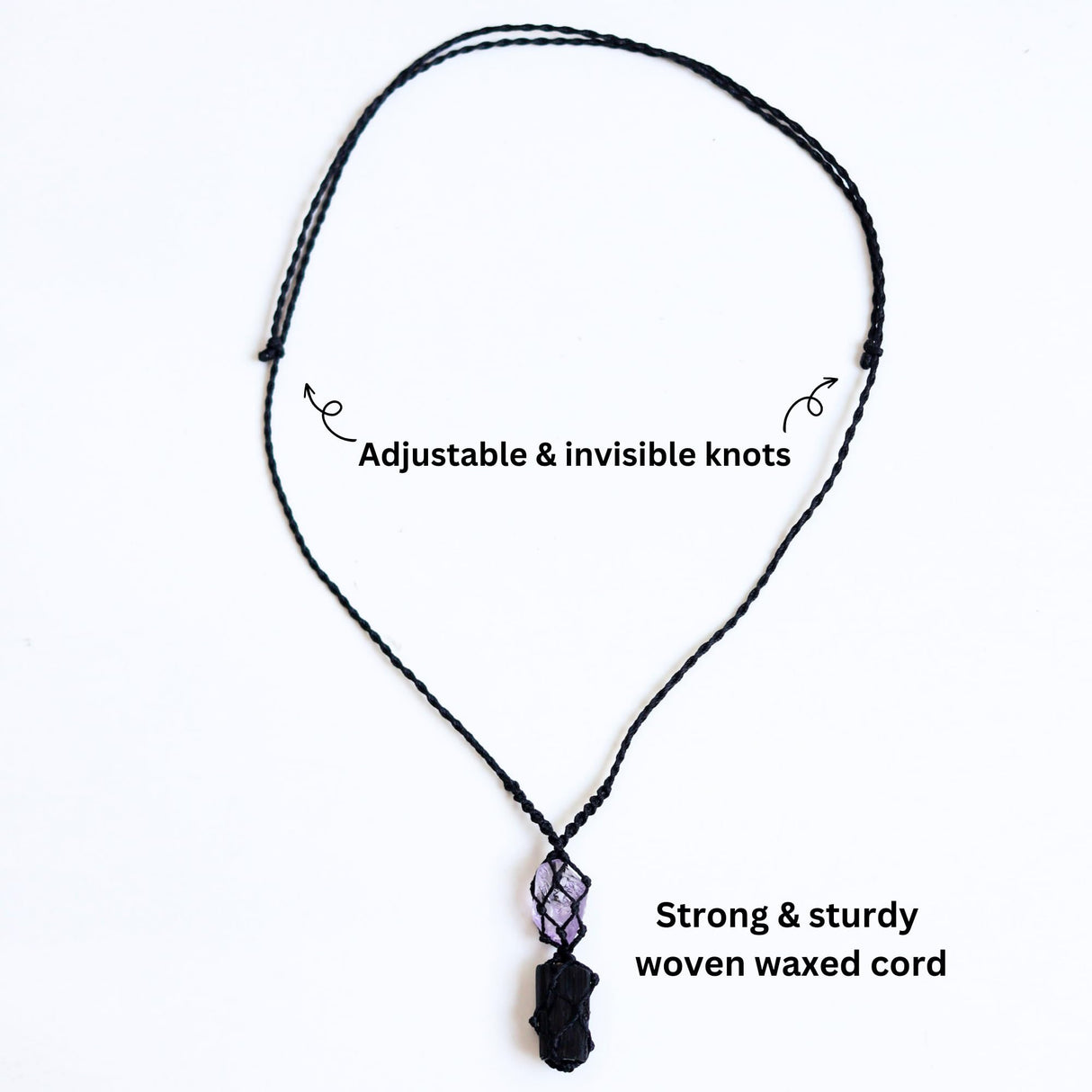 Handmade Raw Black Tourmaline & Amethyst Necklace – Macramé Crystal Pendant for Spiritual Balance, Grounding & Everyday Energy Gift for Men, Women