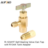 R1234YF Self-Sealing Can Tap with R134A Tank Adapter, 1/2’’ to 1/4’’ SAE Refrigerant Can Bottle Tap Opener with 1/4’’ SAE Female and 1/2’’ Male Adapter