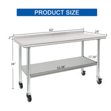 HARDURA Stainless Steel Table 24 x 60 Inches with Wheels Casters NSF Heavy Duty Commercial Prep Table with 2” Backsplash and Adjustable Undershelf for Restaurant Kitchen Home and Hotel
