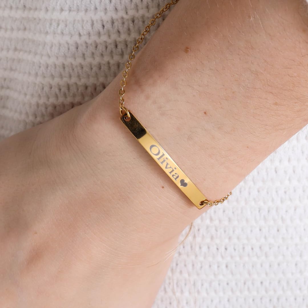 Jexiva Personalized Name Engraved Bar Bracelet for Women/Men – PVD Plated Stainless Steel – Custom ID Tag – Adjustable Chain – Double Side Engraving – Gift for Birthday, Anniversary