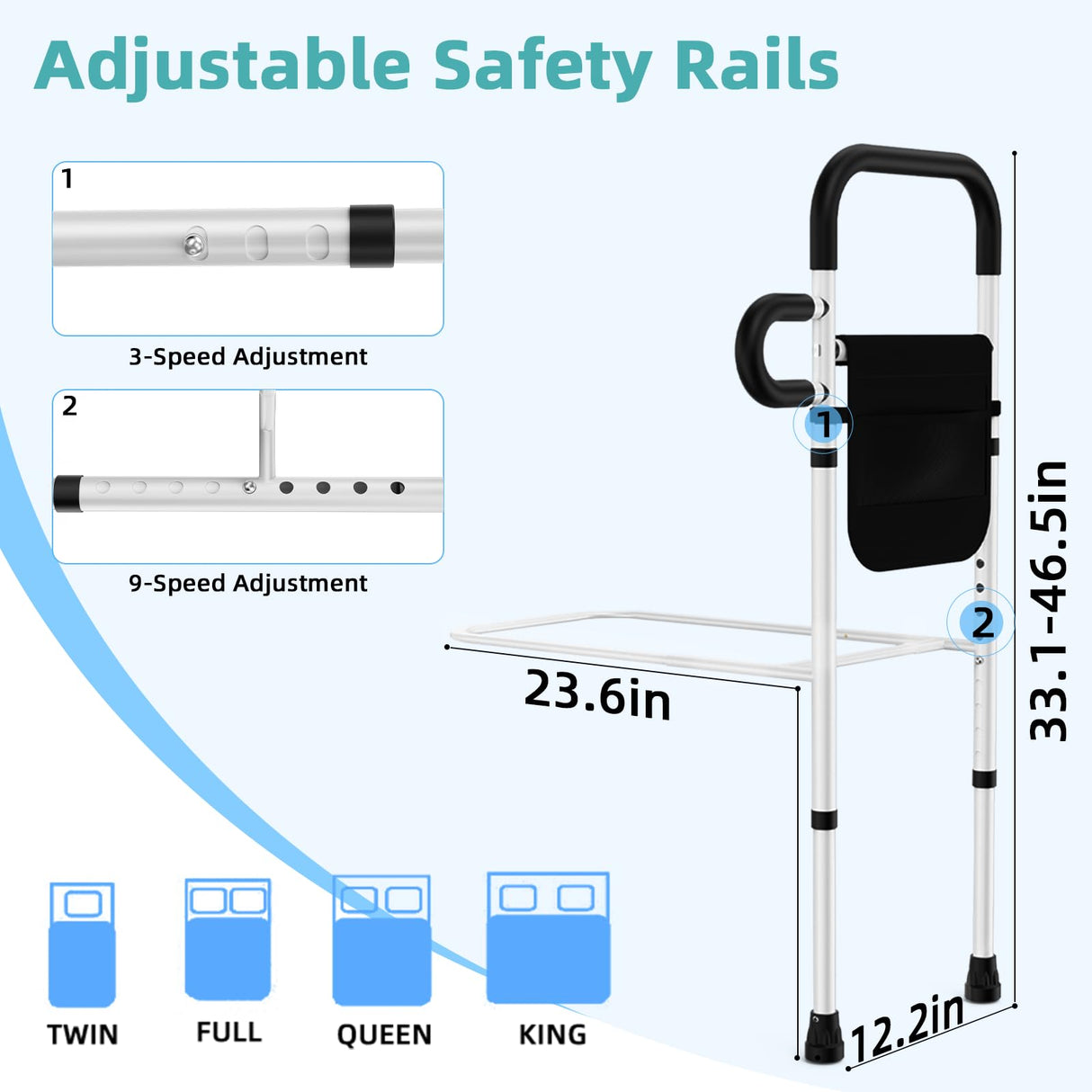 Bed Rails for Elderly Adults Safety - Adjustable Bed Assist Rails for Full Size Bed, Portable Bed Cane for Seniors with Storage Pocket, Hold up to 300 Lbs, Easy Setup, Bedside Safety and Stability
