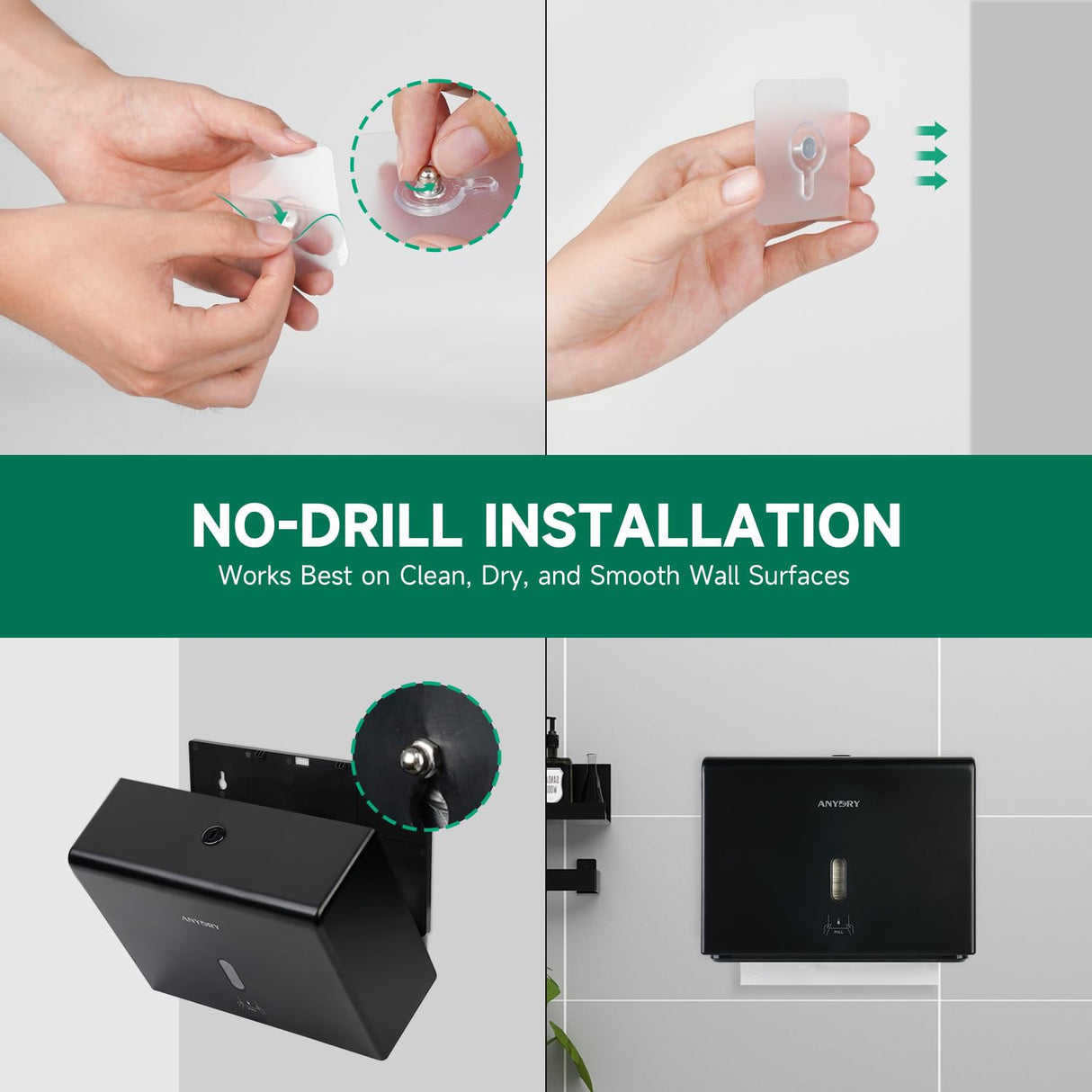 anydry Wall-Mounted Paper Towel Dispenser – Fits Tri-Fold Towels up to 10x3.1 Inches, Holds 200 Sheets, Ideal for Home & Commercial Use (Black)