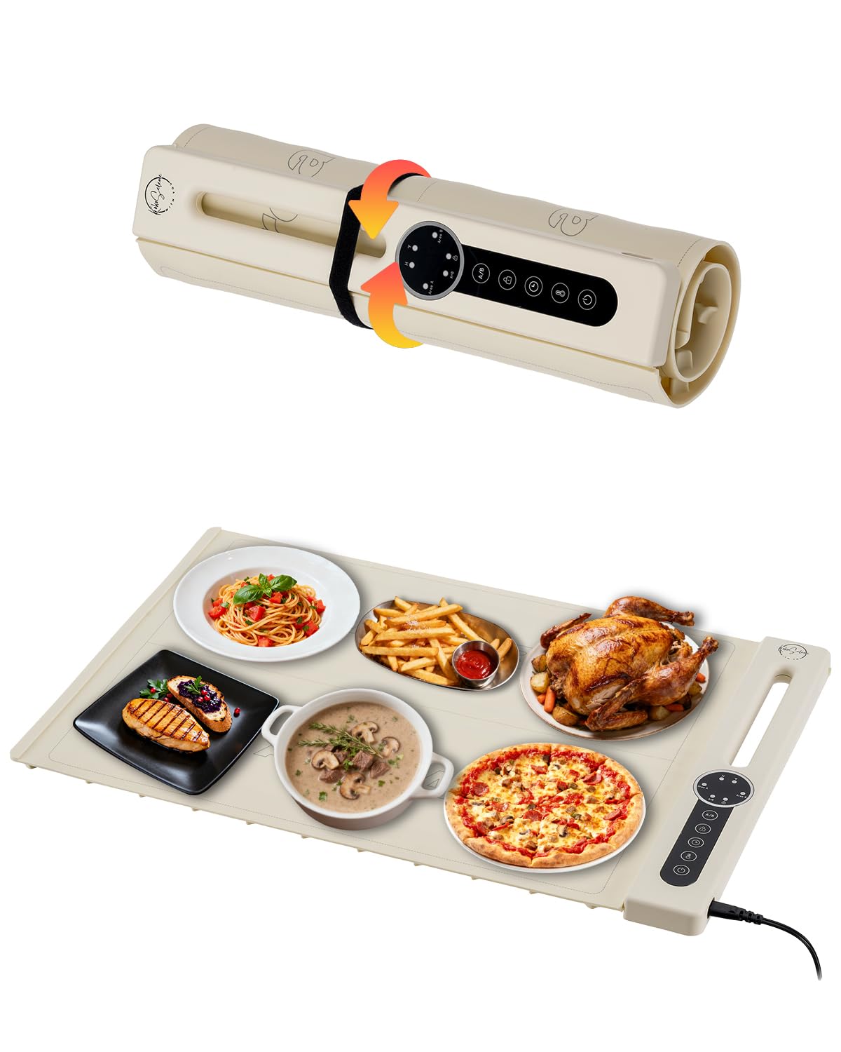 KokoSelene Food Warming Mat, Dual-Zone Heating Mat for Food with 7 Temp & Timer, 10s Fast Heat Flexible Silicone Warmer for Home, Parties, Buffet Serving (Cream-1 PCS)