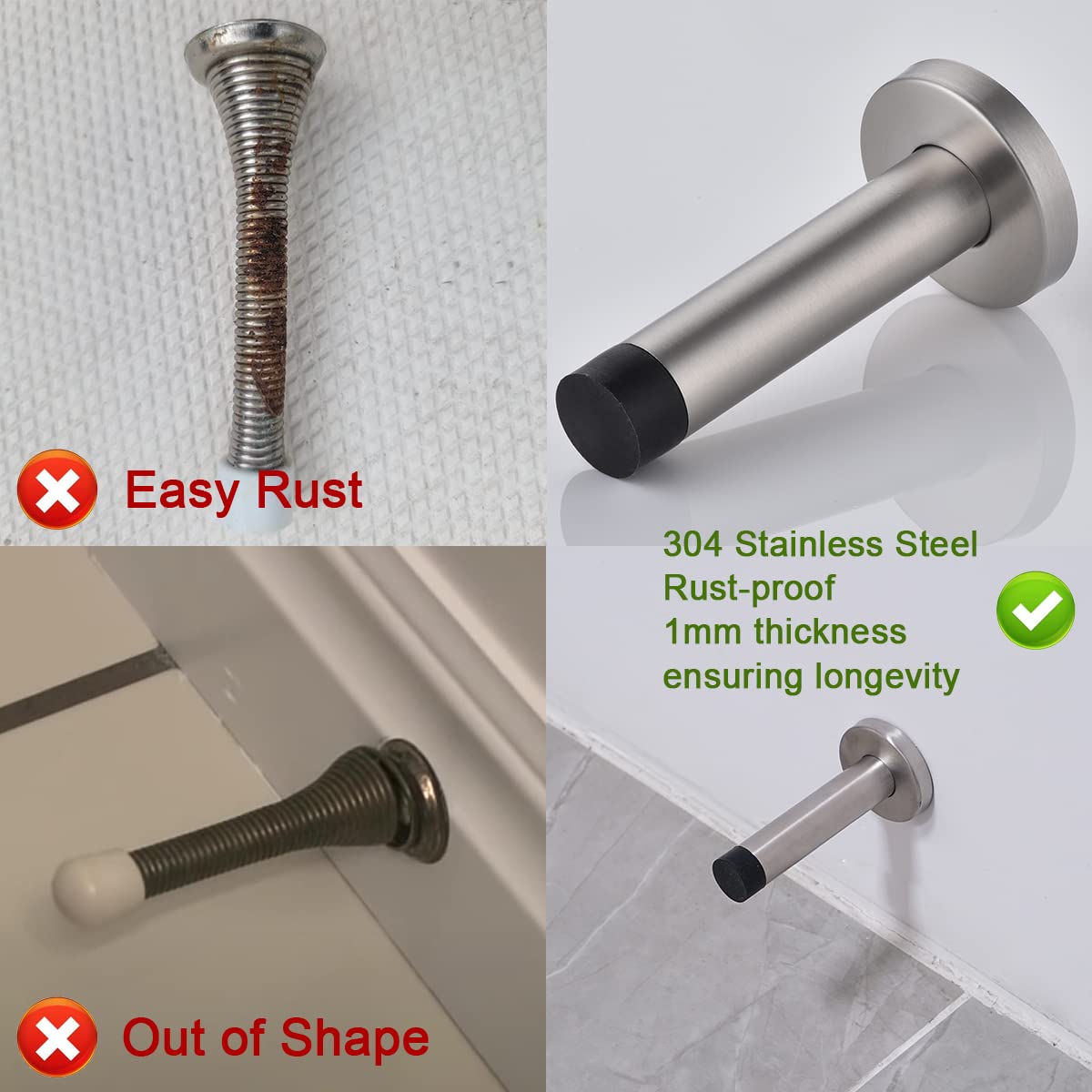 JQK Door Stopper Gold, 304 Stainless Steel Thicken 1mm Sound Dampening Door Stop Bumper Wall Protetor 4 Pack, Brushed Gold White Tip, DSB5-WG-P4