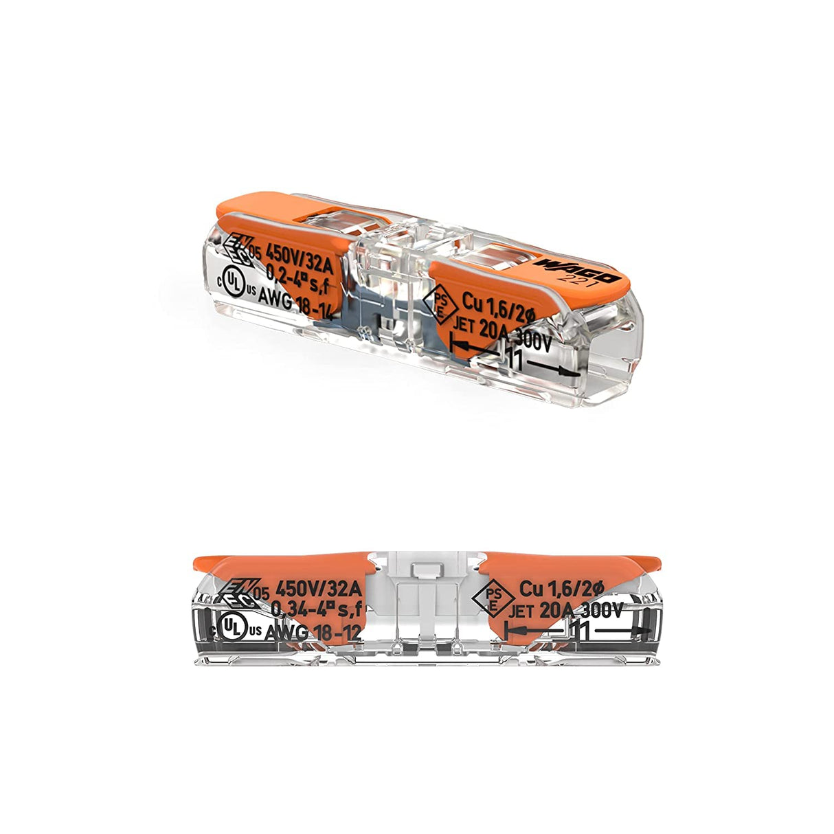 221-2401 | WAGO Lever-Nuts® Inline Splicing Connector | for Solid and Stranded Conductors | 2-Conductor with Operating levers | 20-12 A.W.G. | Transparent housing | White Cover | [Box of 60 Pieces]
