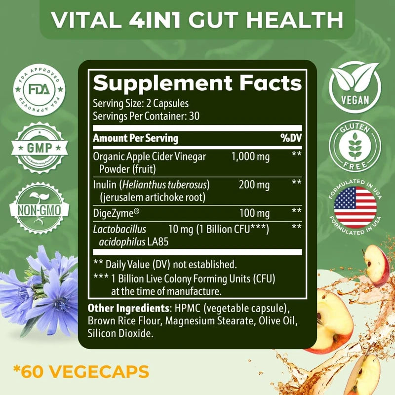 Vital Gut Health 4-in-1 Formula – Apple Cider Vinegar, Prebiotics & Probiotics, Digestive Enzymes for Immunity & Complete Gut Support