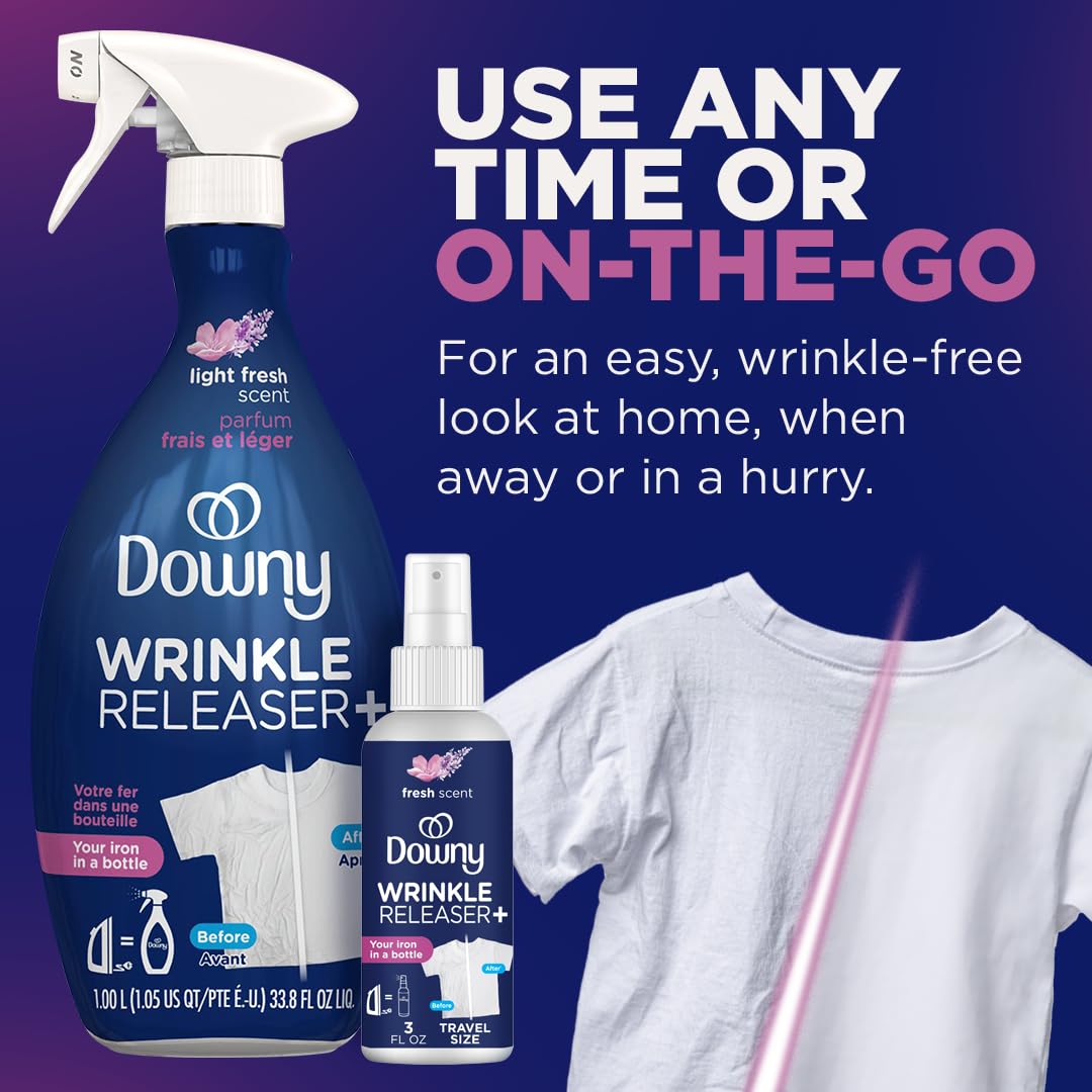 Downy Wrinkle Releaser Spray, Travel Size Spray + 16.9 Fl Oz Pack of 2, All In One Formula, Removes Wrinkles, Static and Odors, Light Fresh Scent