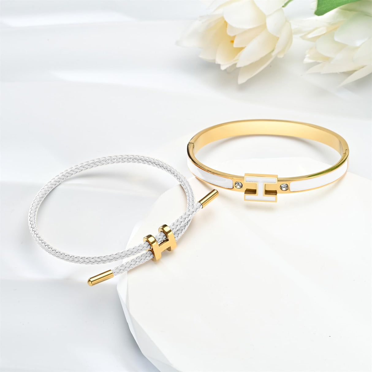Hothink Gold H Bracelets for Women,Designer Dupes Bracelet,White Bracelet