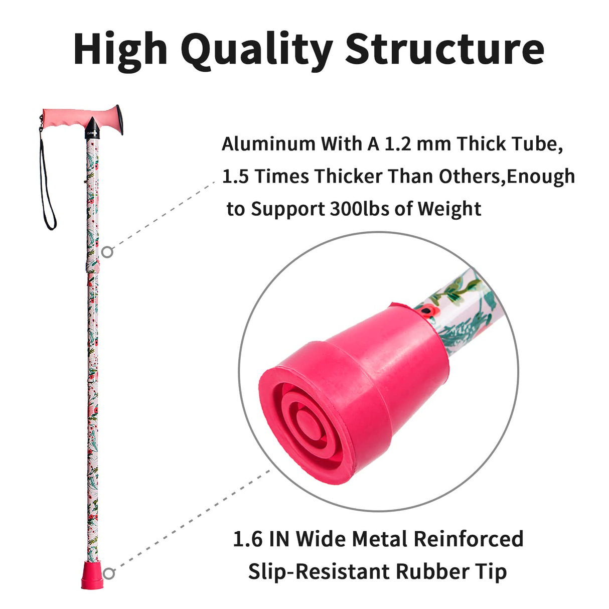 CLOKTA Walking Cane for Men and Women, Foldable Floral Lightweight Adjustable Portable for Folding Canes, Comfortable T-Handle for Seniors Adults (Pink Floral)