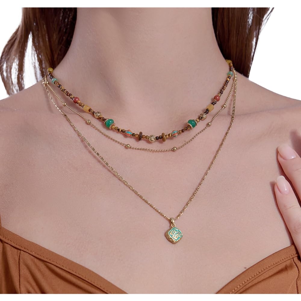 MASW boho layered Original design Retro style multi-layer beaded necklace Fashion women's gold-plated necklace M3396