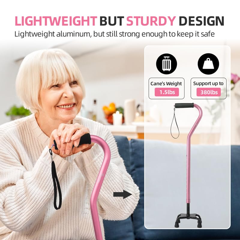 BeneCane Quad Cane Adjustable Walking Cane with Offset Soft Cushioned Handle for Men & Women Lightweight Comfortable with 4-Pronged feet for Extra Stability(Pink)