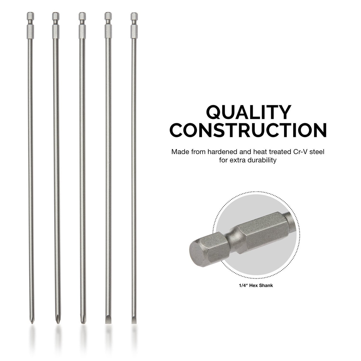 NEIKO 10043A Extra Long Bit Set | 5-Piece | Cr-V Steel | 12-Inch Length Phillips and Slotted Screwdriver Bits |1/4-Inch Hex Shank | Power Driver Bit Set