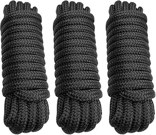 Dock Lines 3/8" x 25' Double Braided Nylon Boat Dock Lines with 12" Eyelet, Marine-Grade Dock Lines for Boats/Boat Lines Dock Rope - Easy to Handle Boat Ropes for Docking - 3 Pack(Black)