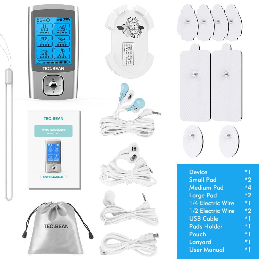 TEC.BEAN 24 Modes Tens Unit Muscle Stimulator, Rechargeable Tens Machine with 8 Electrode Pads (American Gel), Electric Pulse Massager for Pain Relief Therapy（Silver