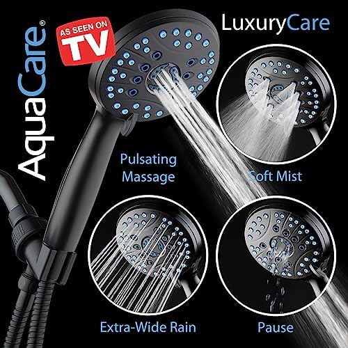 AquaCare High Pressure 8-mode Handheld Shower Head - Anti-clog Nozzles, Built-in Power Wash to Clean Tub, Tile & Pets, Extra Long 6 ft. Stainless Steel Hose, Wall & Overhead Brackets