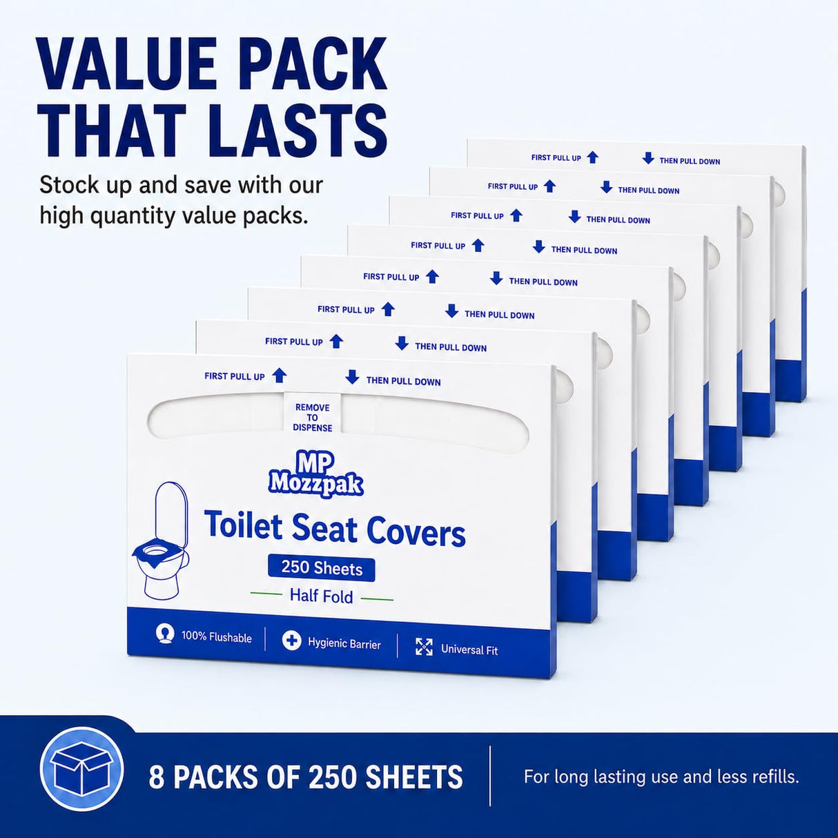 MP MOZZPAK Toilet Seat Covers Disposable Flushable – 2000 Sheets (8 Packs of 250) | Flushable Half-Fold Paper Liners | Hygienic Protection for Public Restrooms, Travel, Hotels, Kids Potty Training
