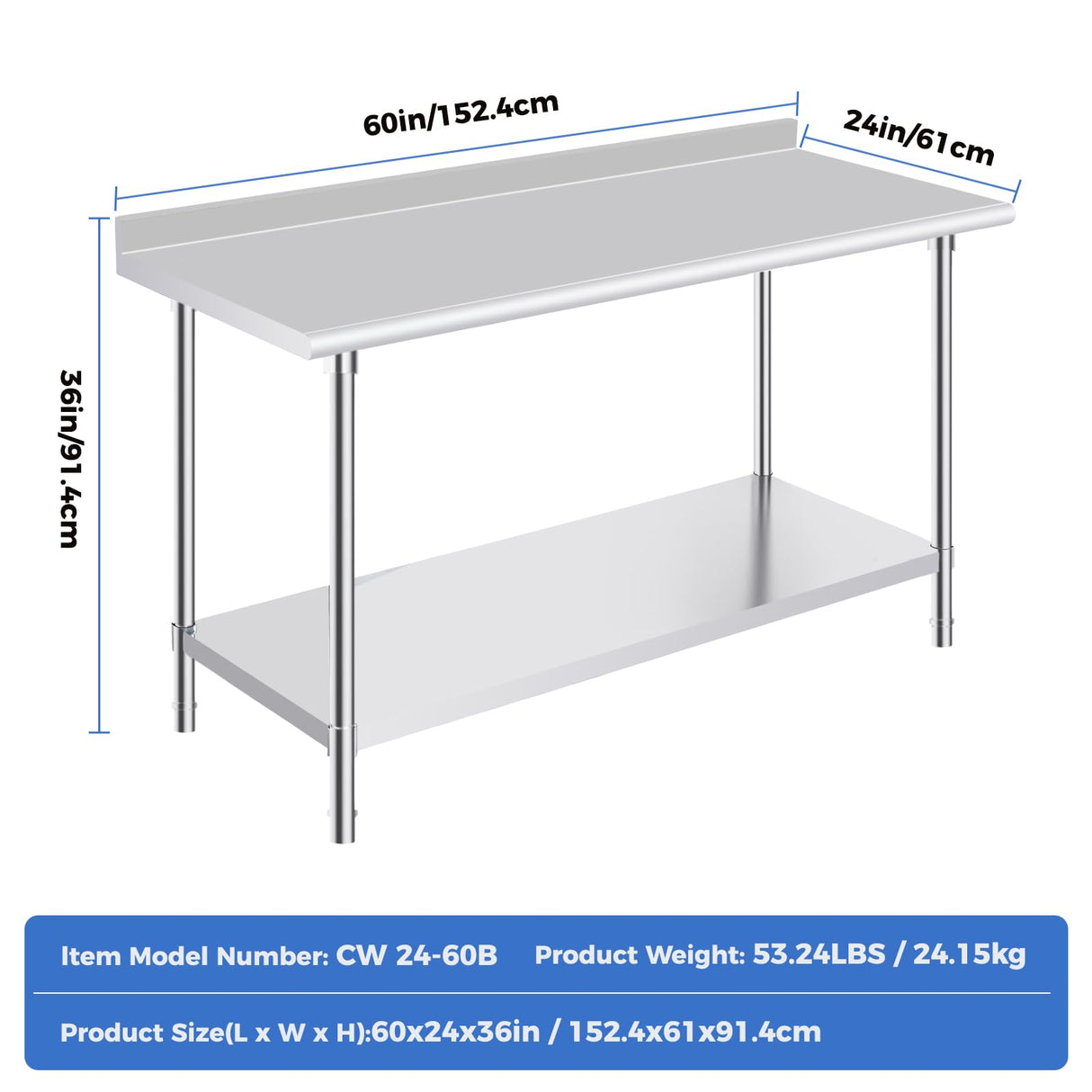 OSTBA Stainless Steel Table for Prep & Work 24x60 Inches with Backsplash, NSF Metal Commercial Heavy Duty Table with Adjustable Undershelf and Foot for Restaurant Kitchen Home and Hotel