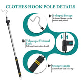 Greeily Clothes Hanger Reaching Hook Telescopic Adjustment clothes hook pole Light and can Extend from 37" to 65" with 4.7 "Hook and Sponge Handle.
