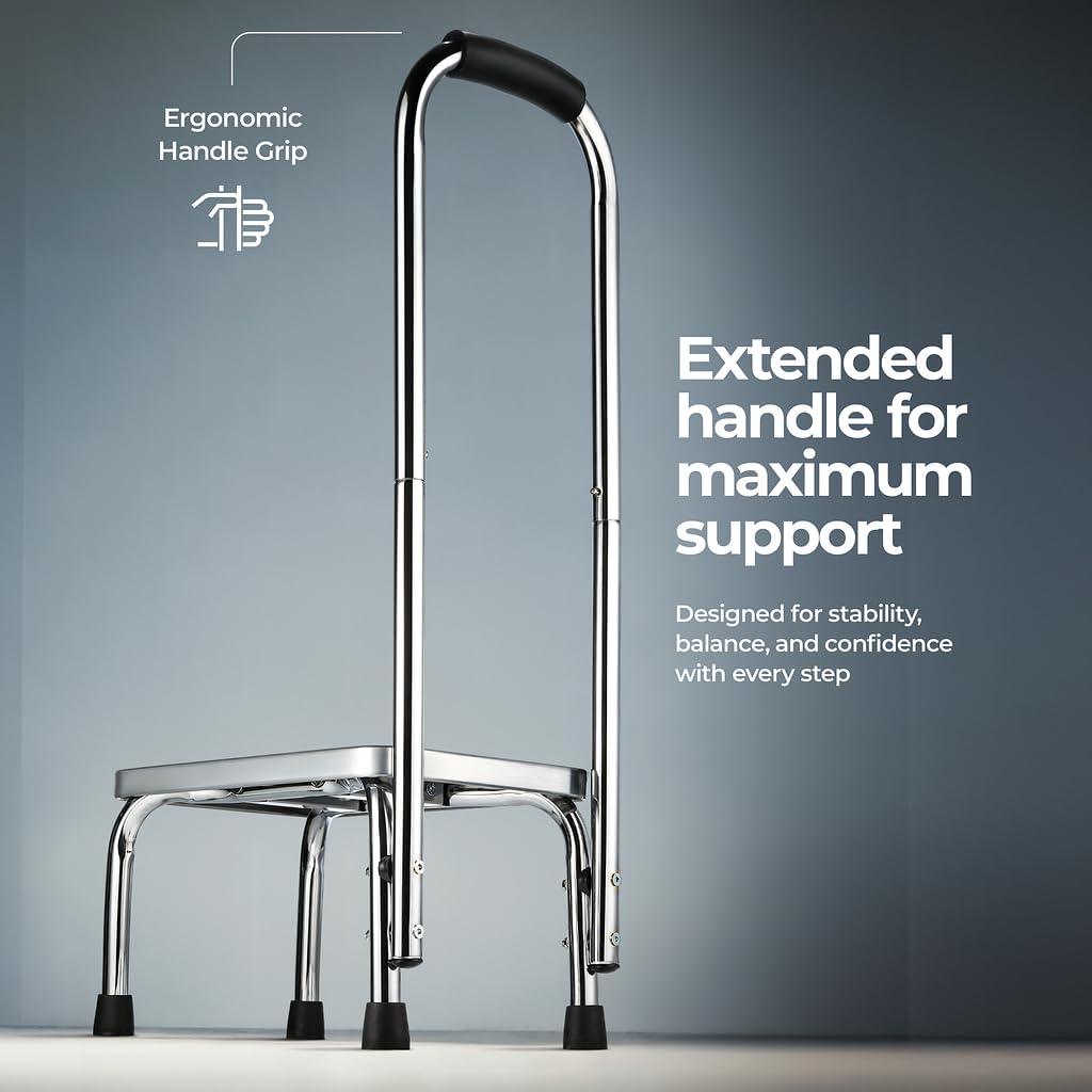 Step Stool with Handle for Adults Step stools with Handle for Elderly for Bed Chrome-Plated Steel Frame 330Lbs Capacity Use at Home Bathroom Kitchen