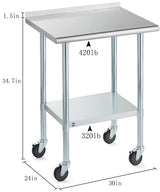 Stainless Steel Table for Prep & Work with Backsplash & Caster 24x30 Inches, NSF Commercial Kitchen Heavy Duty Table with Adjustable Under Shelf for Restaurant, Home and Hotel
