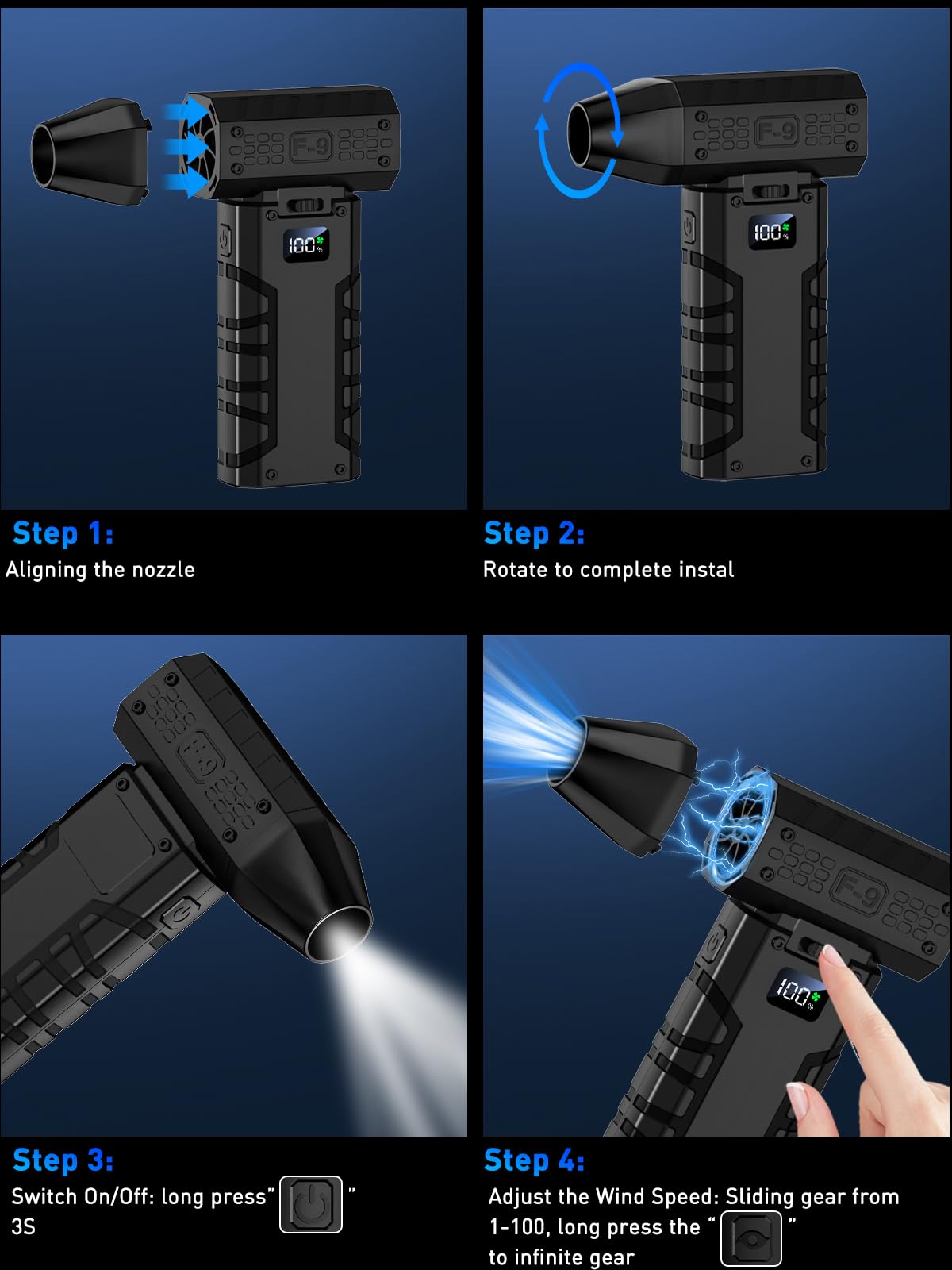 Compressed Air Duster 130000RPM Electric Duster with LED Light, 100 Gear Adjustable Rechargeable Cordless Air Blower Cleaning Tool for Keyboard,Electronic Devices,Car, Christmas Gifts for Men,Black