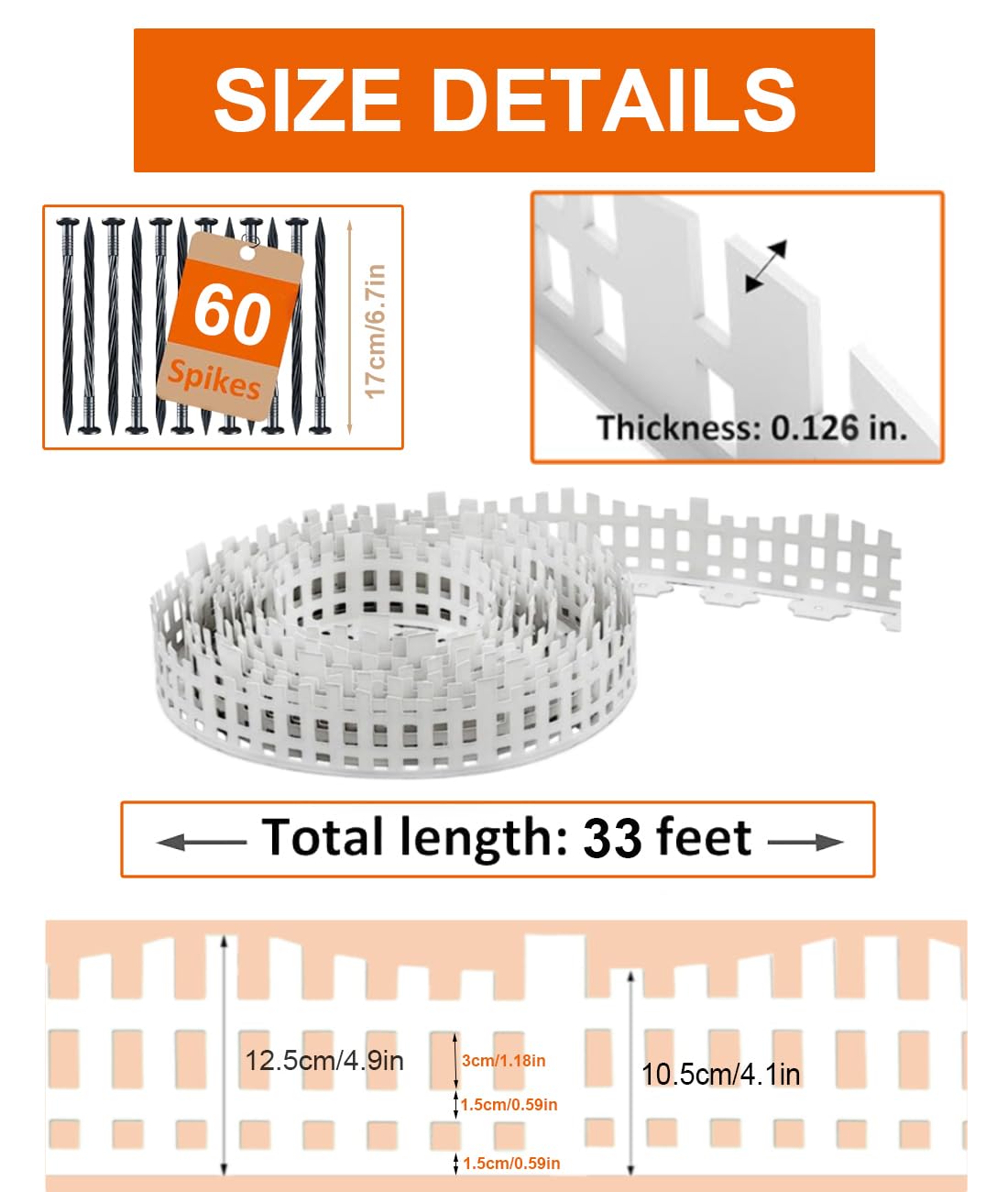 Garden Edging 33FT x 4.1~4.9IN Tall, Landscape Edging Borders with 60pcs Plastic Stakes,Arched Design White Flexible Lawn Edging Border, No Digging Edge Fence DIY for Tree Flowerbeds Grass Yard
