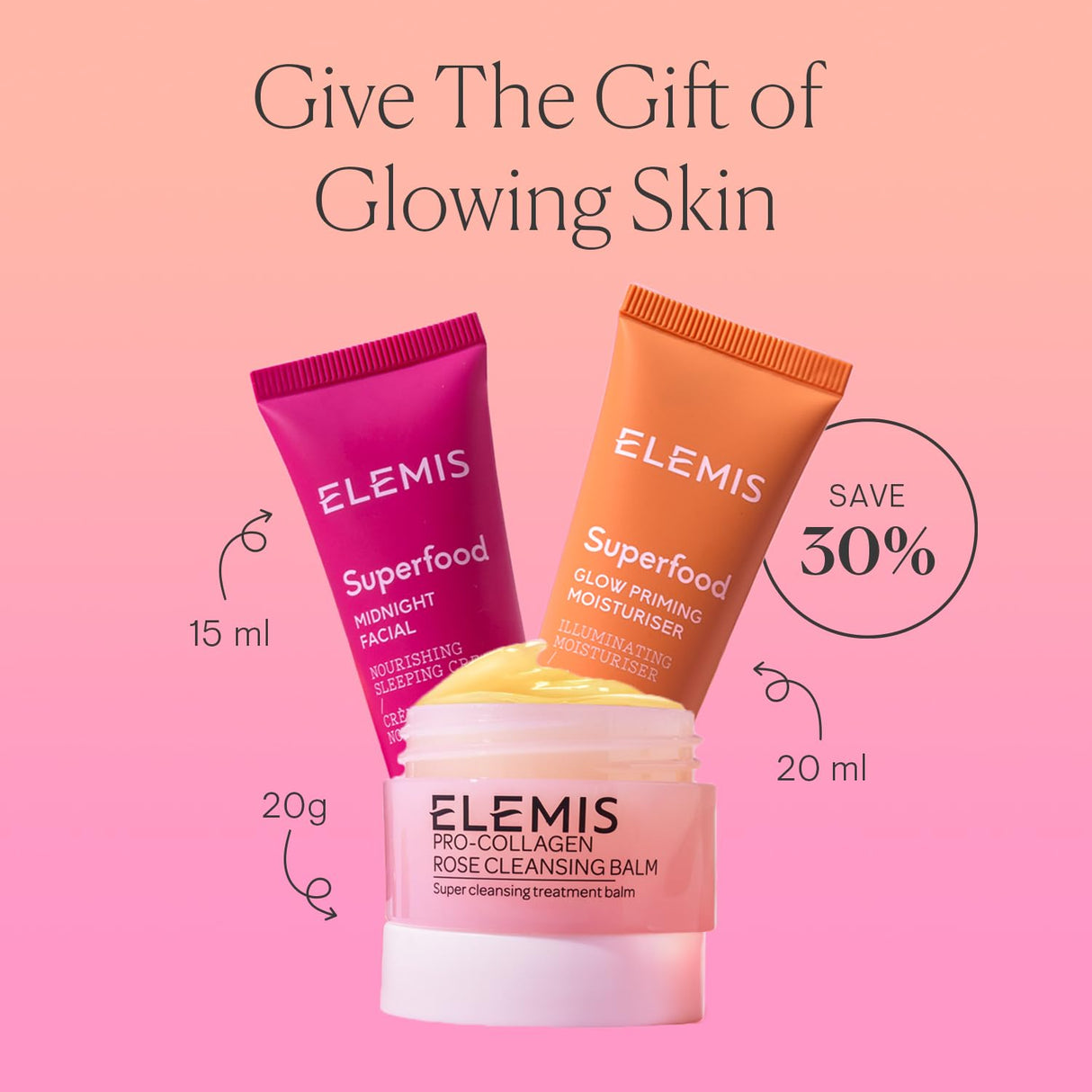 ELEMIS Way to Glow Skincare Kit, Travel Set with Travel-Size Rose Cleansing Balm, Glow Priming Moisturizer & Midnight Facial, Nourish & Illuminate Skin all day