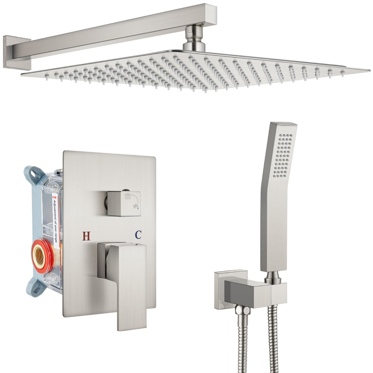 gotonovo Rainfall Bathroom Shower System Rain Shower Head and Handle Set Wall Mounted Shower Complete Combo Solid Brass Pressure Balancing Shower Mixer Valve 16 Inch Brushed Nickel