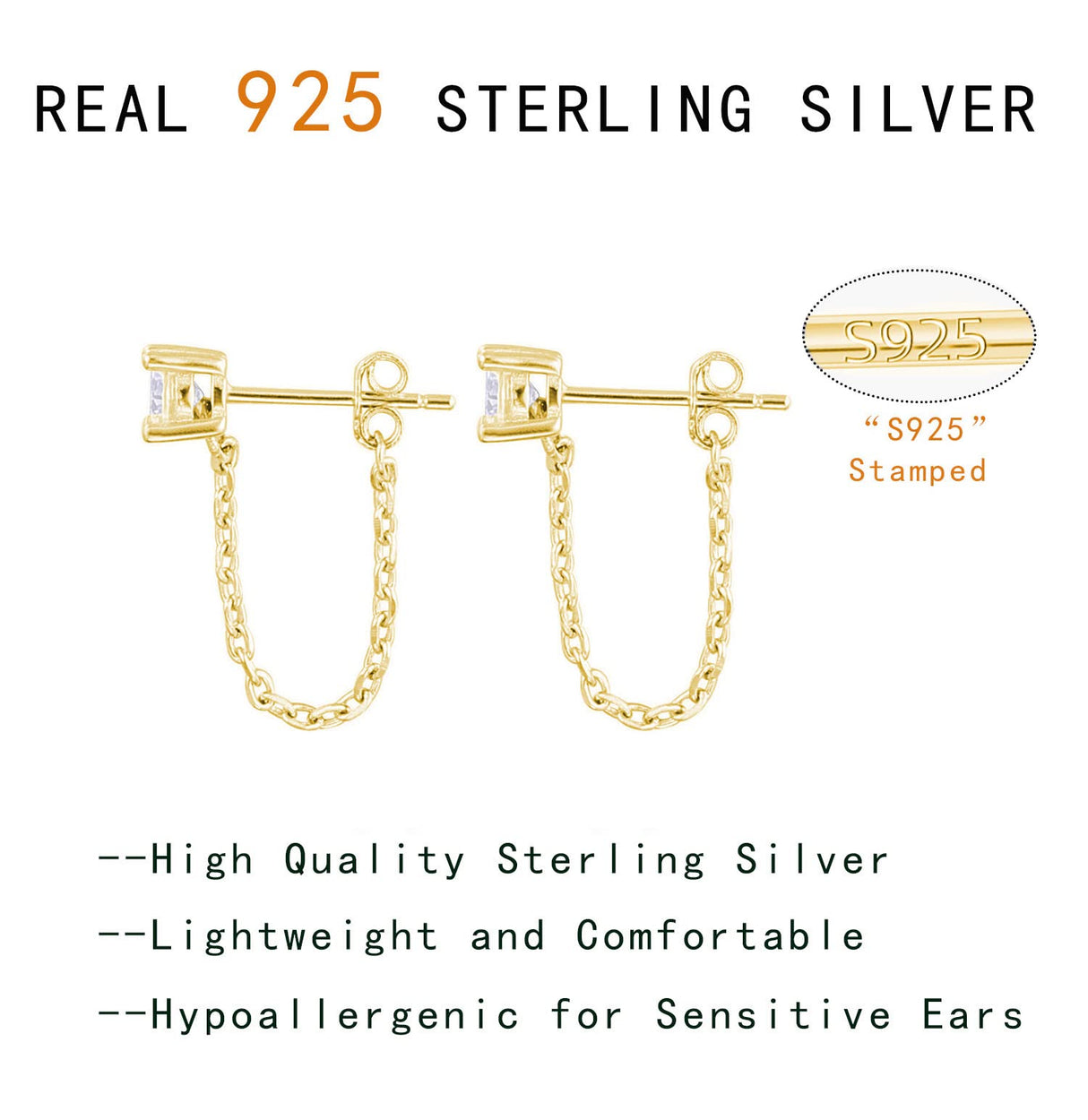 Reffeer 925 Sterling Silver CZ Chain Studs Earrings Dangle for Women Teen Girls CZ Chain Drop Earrings Studs (B-Gold)