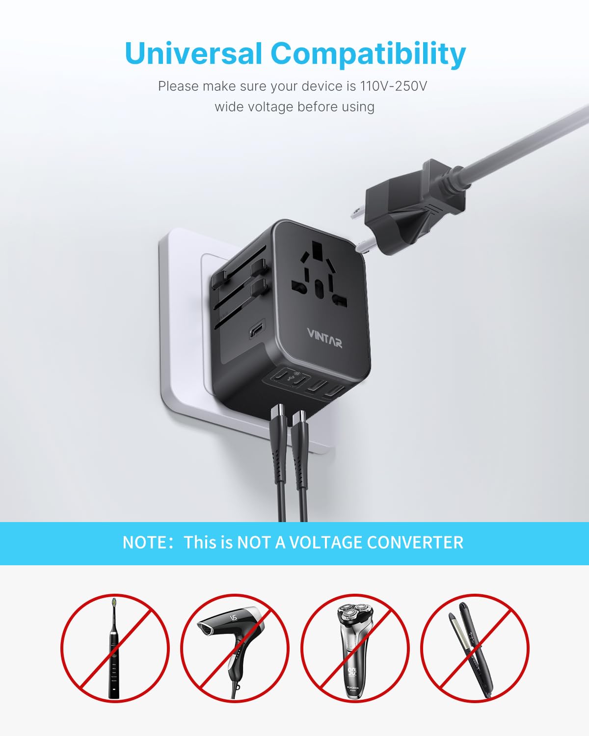 Universal Travel Adapter, VINTAR 35.5W International Power Adapter with 3 USB A QC and 2 USB C PD, All in One Plug Adapter Worldwide Travel Essentials for EU/UK/USA/AUS(Type C/G/A/I), Black