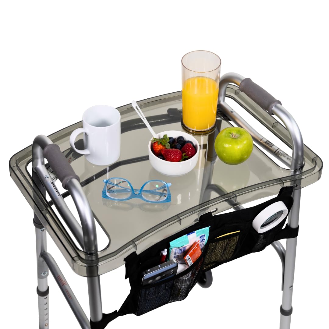 StrongArm Clear View Walker Tray + Bag + Non-Slip Mat & Cup Holder, Tray for Folding Walkers, Food Tray, Walker Accessories, Tray Table for Standard Adult Walkers (Black)