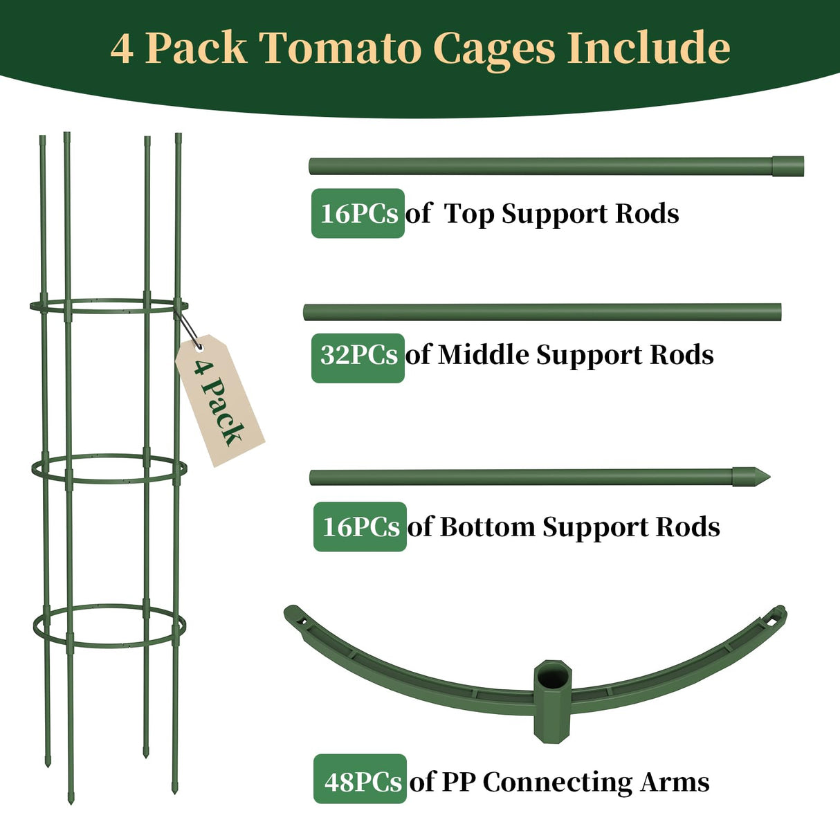 4 Pack Tomato Cages for Garden, 49" Tall Adjustable Heavy Duty Rust Resistant Tomato Trellis, with Upgraded Coupler for Raised Beds & Pots, Plant Stakes and Supports for Climbing Vegetables, Flowers