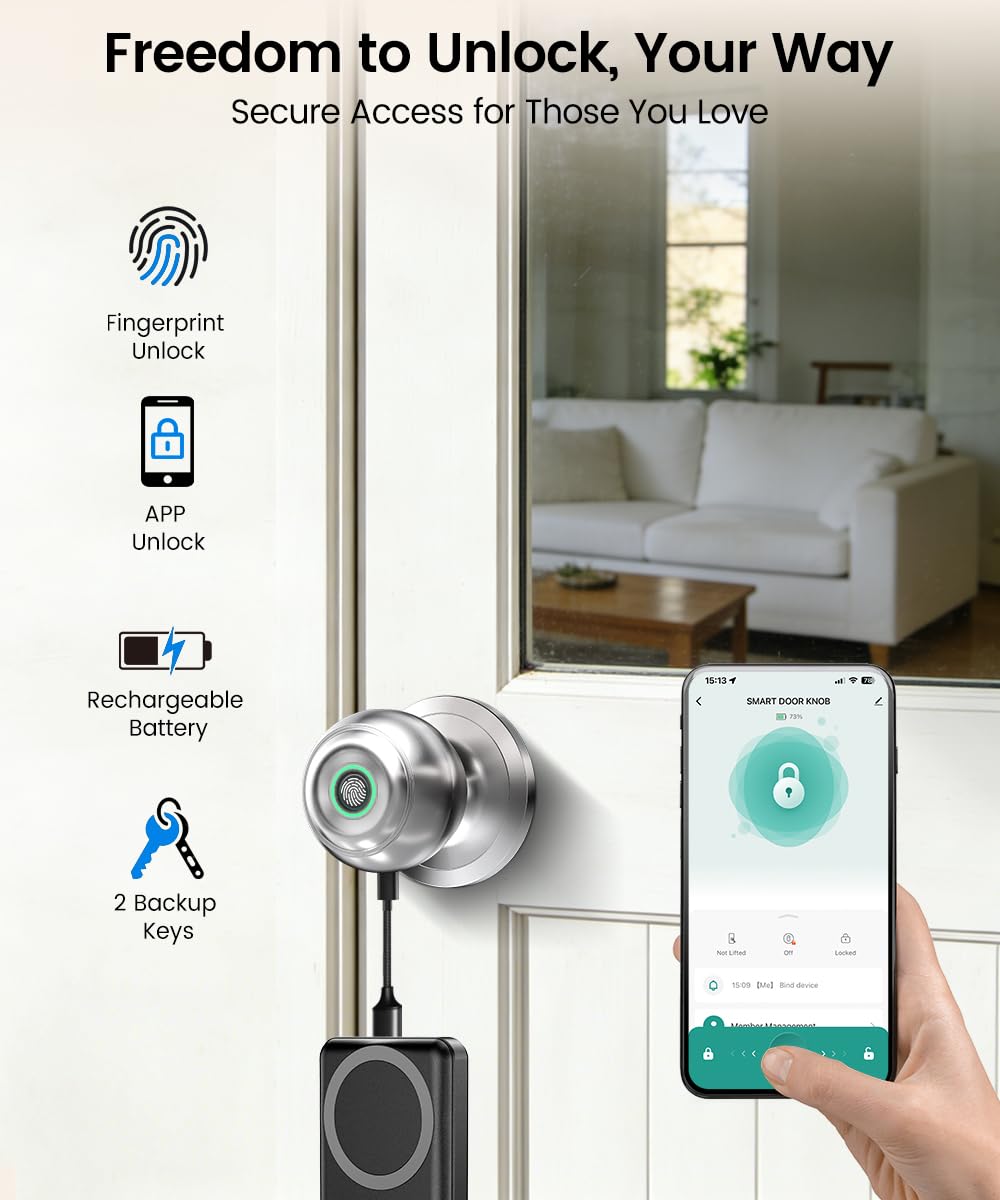 Fingerprint Door Lock, Smart Fingerprint Door Knob with Lock, Biometric Door knob with App Control & Key, Keyless Thumbprint Entry Door Locks for Bedrooms, Front Door, Home, Apartment-Bright Silver