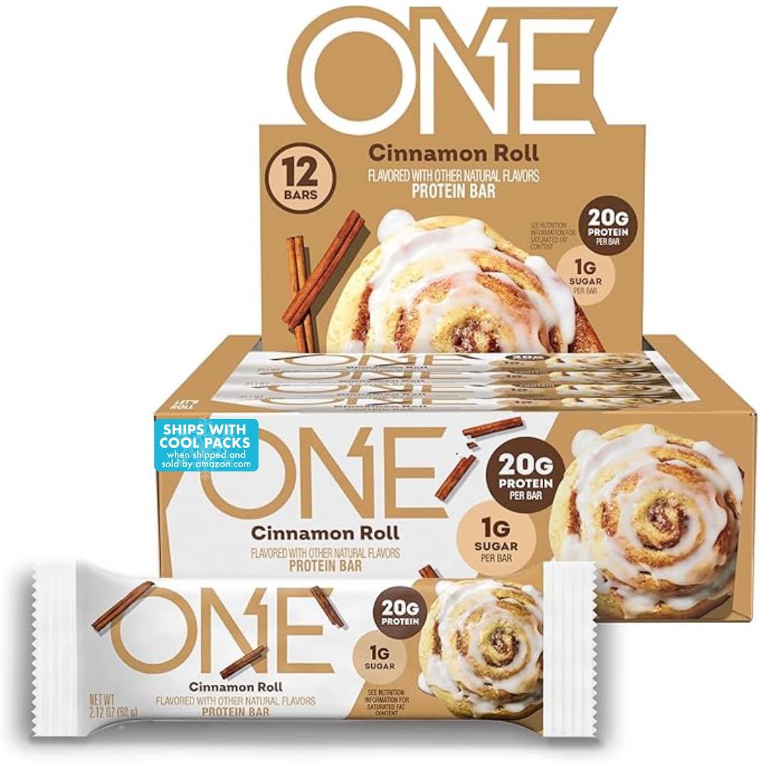 ONE Protein Bars, Cinnamon Roll, Gluten Free with 20g Protein and 1g Sugar, Pantry Staples, 2.12 oz (12 Count), Packaging May Vary