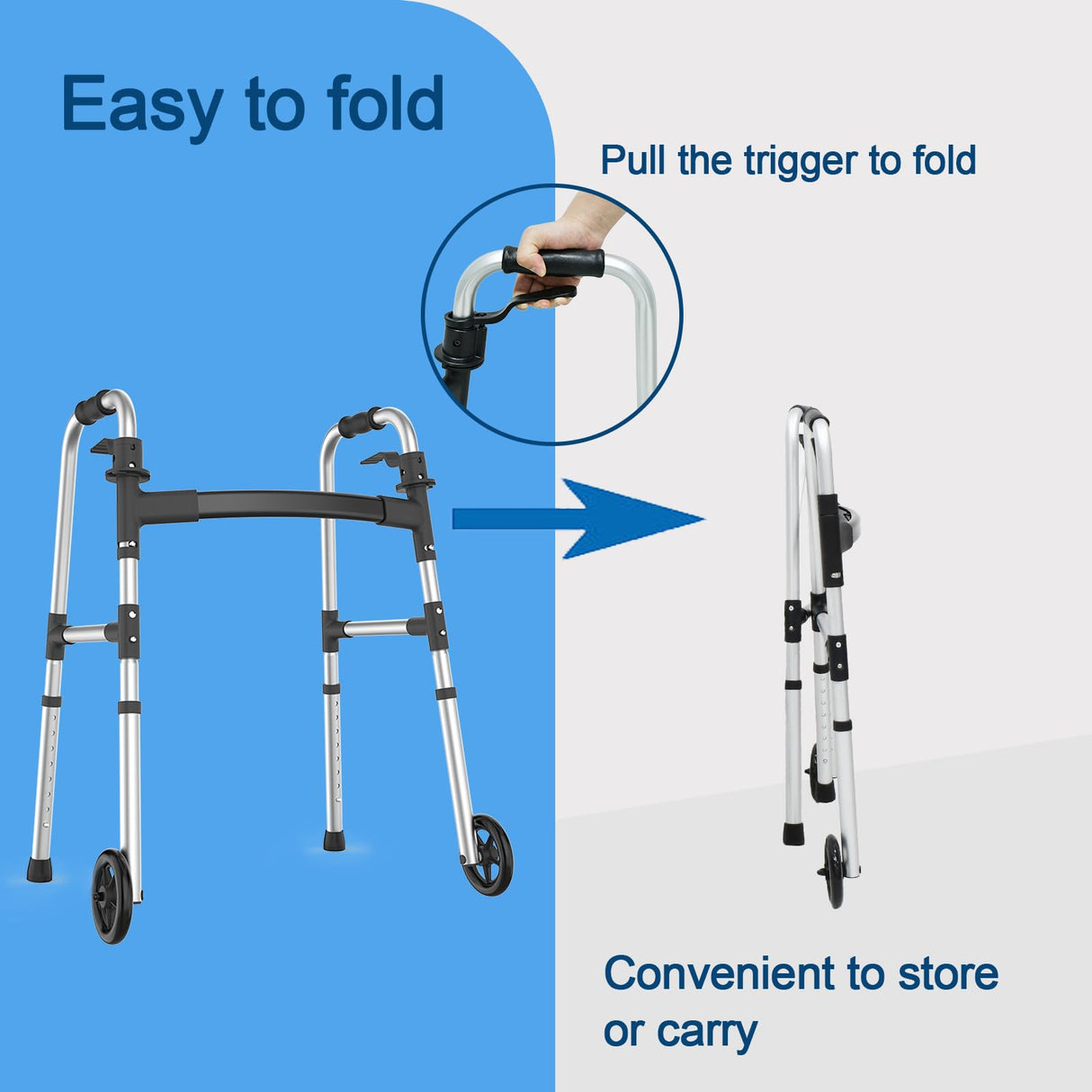 Loyoda Walkers for Seniors, FSA/HSA Eligible Folding Walker with Ski Glides 5'' Front Wheel Medical Lightweight Walker Height Adjustable Aluminum Standard Walker for Handicap and Adults (Silver)