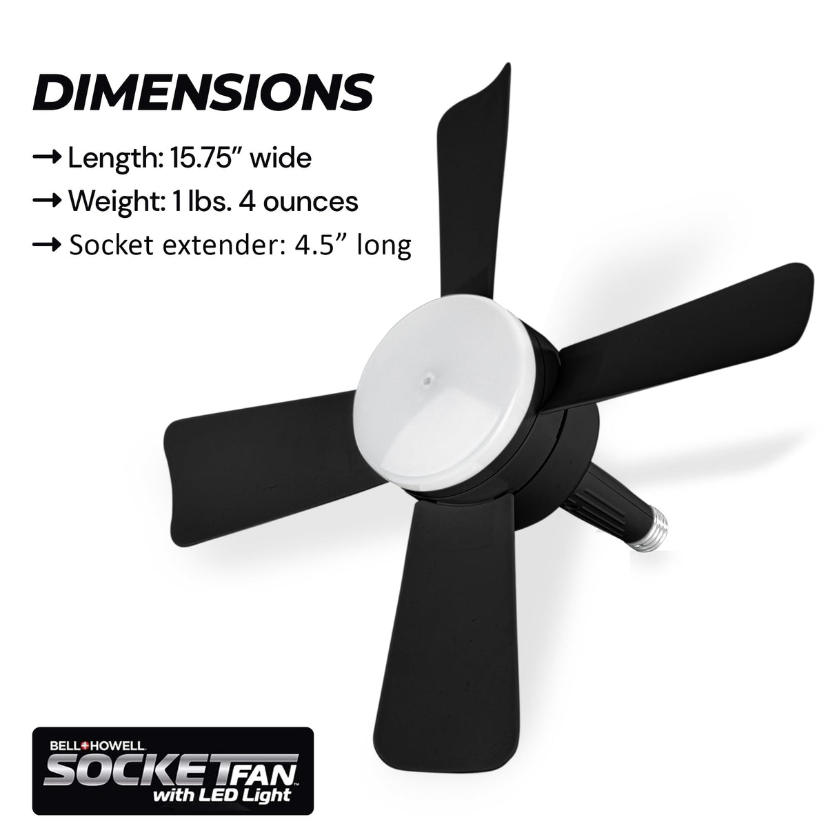 Bell+Howell Socket Breeze Deluxe, Small Ceiling Fan with LED Light and Remote, Adjustable Speeds and Brightness, Light Socket Fan for Bedroom, Kitchen, Living Room, 1000 Lumens