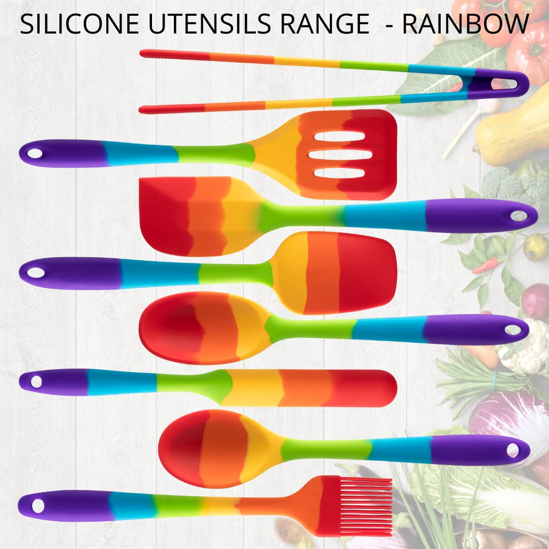 Taylors Eye Witness Rainbow Silicone Turner, Spoon, Spatula, Tongs and Brush Set – Dishwasher Safe, Heat Resistant, 5 Piece Set